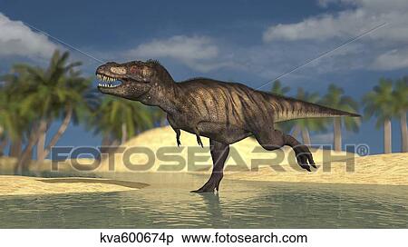 Stock Illustration - Tyrannosaurus Rex running through shallow water.. Fotosearch