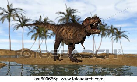 Tyrannosaurus Rex standing on the shoreline. View Large Illustration Stock Illustration - Tyrannosaurus Rex standing on the shoreline.. Fotosearch