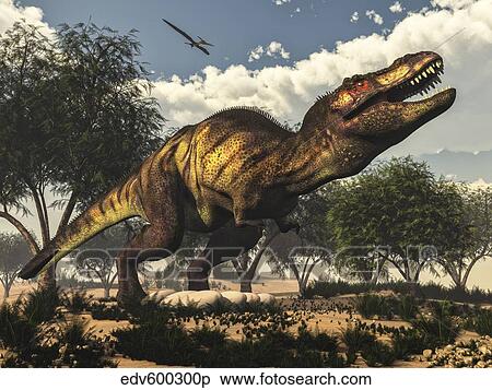 Tyrannosaurus rex standing upon its eggs to protect them. View Large Illustration Stock Illustration - Tyrannosaurus rex standing upon its eggs to protect them.. Fotosearch