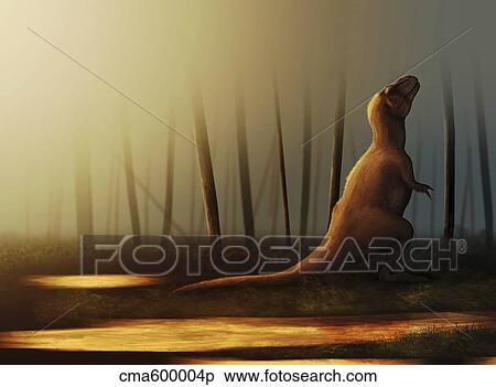 Tyrannosaurus rex sunbathing after the rain. View Large Illustration Stock Illustration - Tyrannosaurus rex sunbathing after the rain.. Fotosearch