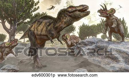 Tyrannosaurus rex tries to escape from a group of Triceratops. View Large Illustration Stock Illustration - Tyrannosaurus rex tries to escape from a group of Triceratops.. Fotosearch