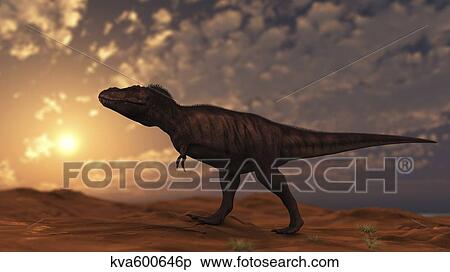 Tyrannosaurus Rex walking across a desert at sunset. View Large Illustration Stock Illustration - Tyrannosaurus Rex walking across a desert at sunset.. Fotosearch