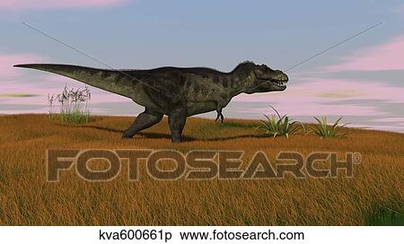 Tyrannosaurus Rex walking across a grassy field. View Large Illustration Stock Illustration - Tyrannosaurus Rex walking across a grassy field.. Fotosearch