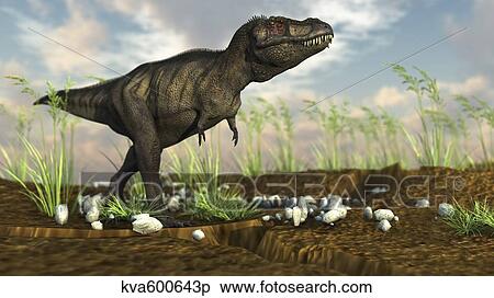 Stock Illustration - Tyrannosaurus Rex walking across desert terrain.. Fotosearch