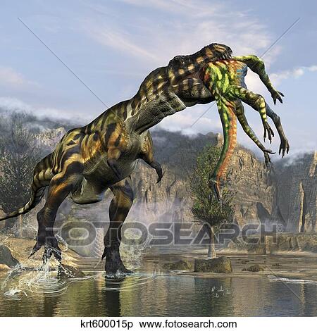 Stock Illustration - Tyrannosaurus rex with a freshly killed Deinocheirus in its mouth.. Fotosearch