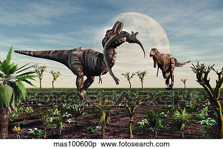 Stock Illustration - Tyrannosaurus Rex with a freshly killed young sauropod dinosaur.. Fotosearch