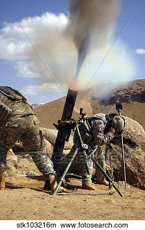U. S. Army soldiers firing a 120mm mortar during combat operations in Afghanistan. View Large Photo Image Picture - U. S. Army soldiers firing a 120mm mortar during combat operations in Afghanistan.. Fotosearch