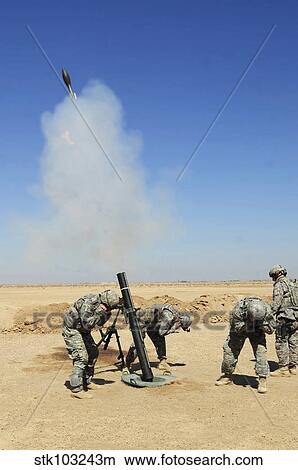 U. S. Army soldiers firing an M120 120mm mortar system in Mahmadiyah, Iraq. View Large Photo Image Picture - U. S. Army soldiers firing an M120 120mm mortar system in Mahmadiyah, Iraq.. Fotosearch