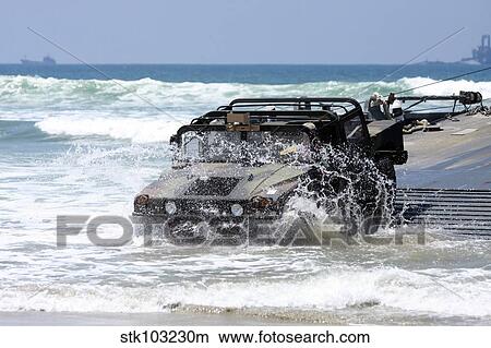Picture - U. S. Army soldiers offload a Humvee from a floating causeway at Red Beach, Camp Pendleton, California.. Fotosearch