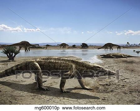 Uberabasuchus terrificus in an arid climate. View Large Illustration Stock Illustration - Uberabasuchus terrificus in an arid climate.. Fotosearch