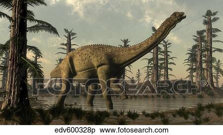 Uberabatitan dinosaur walking in a prehistoric lake. View Large Illustration Stock Illustration - Uberabatitan dinosaur walking in a prehistoric lake.. Fotosearch