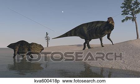 Udanoceratops and Shuangmiaosaurus roaming the shoreline. View Large Illustration Stock Illustration - Udanoceratops and Shuangmiaosaurus roaming the shoreline.. Fotosearch