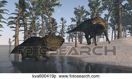 Stock Illustration - Udanoceratops and Shuangmiaosaurus among Tempskya trees.. Fotosearch