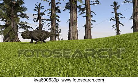 Stock Illustration - Udanoceratops walking across a grassy field.. Fotosearch