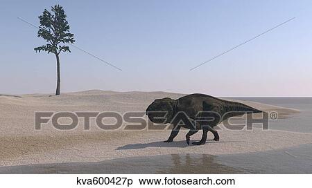 Stock Illustration - Udanoceratops walking along the water's edge.. Fotosearch