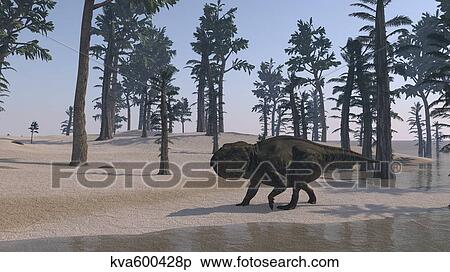 Stock Illustration - Udanoceratops walking along the water's edge.. Fotosearch