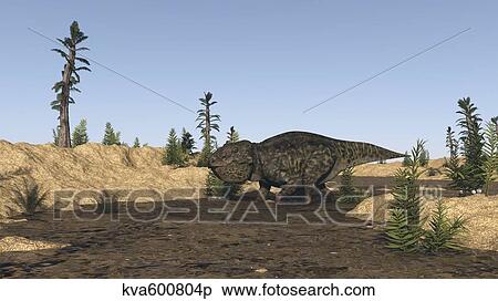 Stock Illustration - Udanoceratops walking in muddy water.. Fotosearch