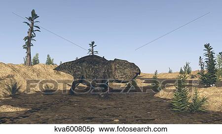 Stock Illustration - Udanoceratops walking in muddy water.. Fotosearch