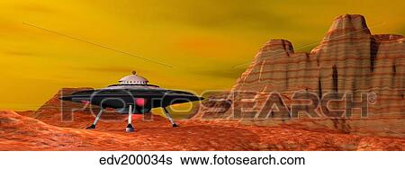 UFO landing on a desert landscape. View Large Illustration Stock Illustration - UFO landing on a desert landscape.. Fotosearch