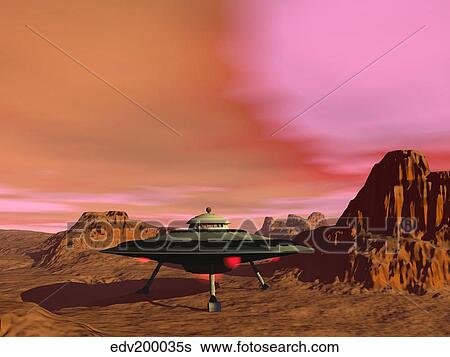 UFO landing on a desert landscape. View Large Illustration Stock Illustration - UFO landing on a desert landscape.. Fotosearch