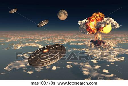 Stock Illustration - UFO sightings increased since the exploding of the first atomic bomb.. Fotosearch