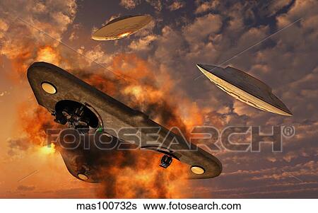 UFO's from different alien races fighting each other in the Earth's atmosphere. View Large Illustration Stock Illustration - UFO's from different alien races fighting each other in the Earth's atmosphere.. Fotosearch