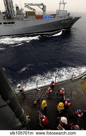Underway replenishment between USS Gunston Hall and a German auxiliary ship. View Large Photo Image Picture - Underway replenishment between USS Gunston Hall and a German auxiliary ship.. Fotosearch
