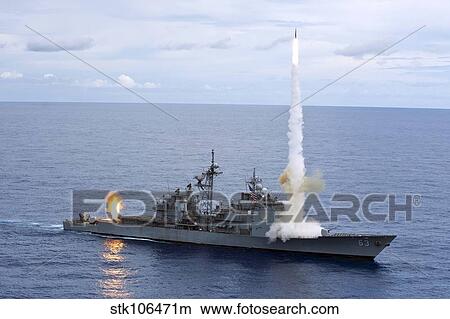 Picture - USS Cowpens fires Standard Missiles 2 at an airborne drone.. Fotosearch