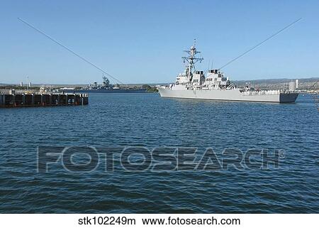 USS Russell passes the Battleship Missouri Memorial. View Large Photo Image Picture - USS Russell passes the Battleship Missouri Memorial.. Fotosearch