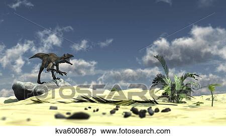Utahraptor bellows a loud roar while standing atop a rock. View Large Illustration Stock Illustration - Utahraptor bellows a loud roar while standing atop a rock.. Fotosearch