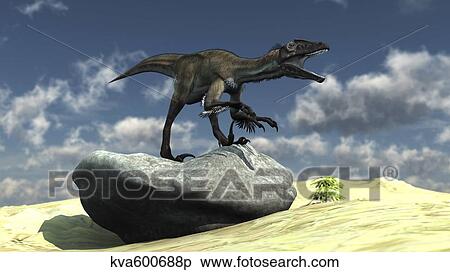 Stock Illustration - Utahraptor bellows a loud roar while standing atop a rock.. Fotosearch