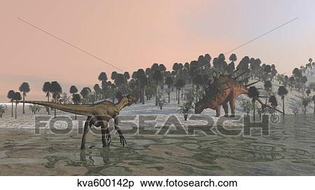 Utahraptor hunting a Kentrosaurus on the shores of a prehistoric environment. View Large Illustration Stock Illustration - Utahraptor hunting a Kentrosaurus on the shores of a prehistoric environment.. Fotosearch