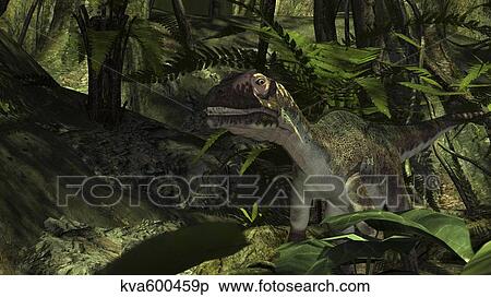 Utahraptor in a prehistoric forest. View Large Illustration Stock Illustration - Utahraptor in a prehistoric forest.. Fotosearch