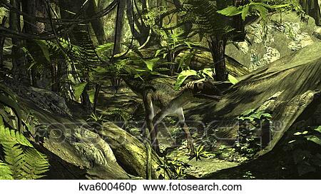 Stock Illustration - Utahraptor in a prehistoric forest.. Fotosearch
