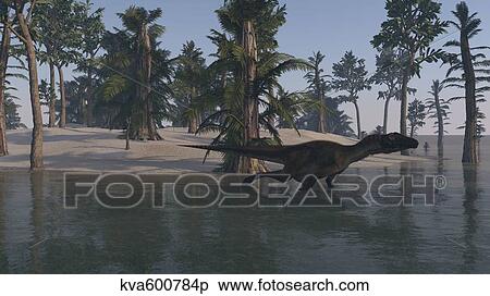 Utahraptor in a tropical prehistoric environment. View Large Illustration Stock Illustration - Utahraptor in a tropical prehistoric environment.. Fotosearch