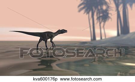 Utahraptor in shallow water. View Large Illustration Stock Illustration - Utahraptor in shallow water.. Fotosearch