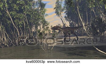 Stock Illustration - Utahraptor roaming prehistoric wetlands.. Fotosearch