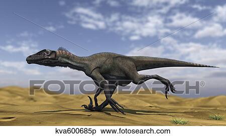 Utahraptor running across a barren desert. View Large Illustration Stock Illustration - Utahraptor running across a barren desert.. Fotosearch