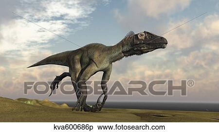 Stock Illustration - Utahraptor running across a barren desert.. Fotosearch