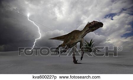 Stock Illustration - Utahraptor running across a desert during a lightning storm.. Fotosearch
