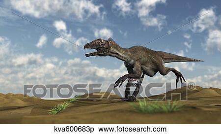 Utahraptor running across a desert. View Large Illustration Stock Illustration - Utahraptor running across a desert.. Fotosearch