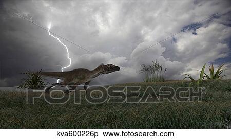 Stock Illustration - Utahraptor running across an open field during a lightning storm.. Fotosearch