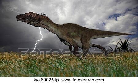 Stock Illustration - Utahraptor running across an open field during a lightning storm.. Fotosearch