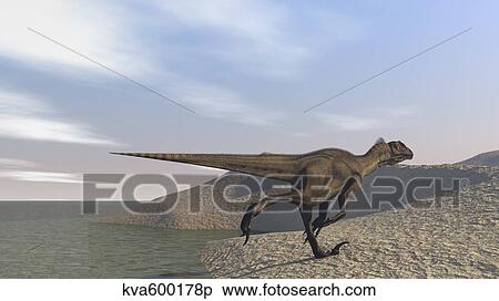 Stock Illustration - Utahraptor running along a bay.. Fotosearch