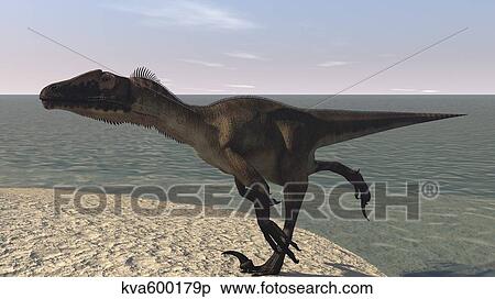 Utahraptor running along a bay. View Large Illustration Stock Illustration - Utahraptor running along a bay.. Fotosearch