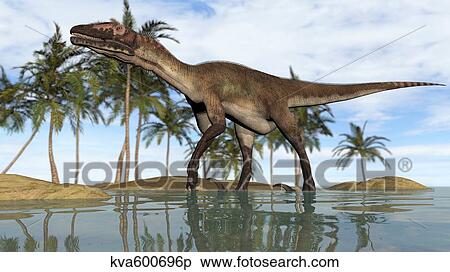Stock Illustration - Utahraptor standing in shallow water.. Fotosearch