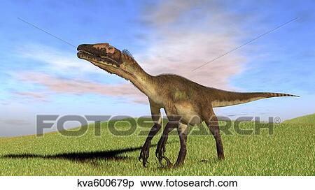Utahraptor walking across a grassy field. View Large Illustration Stock Illustration - Utahraptor walking across a grassy field.. Fotosearch