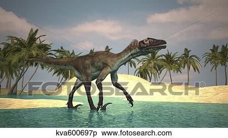Stock Illustration - Utahraptor walking across a riverbed.. Fotosearch