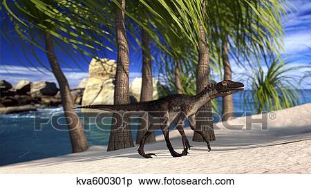 Stock Illustration - Utahraptor walking along the shore.. Fotosearch