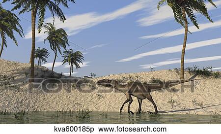 Stock Illustration - Utahraptor walking along the shoreline.. Fotosearch